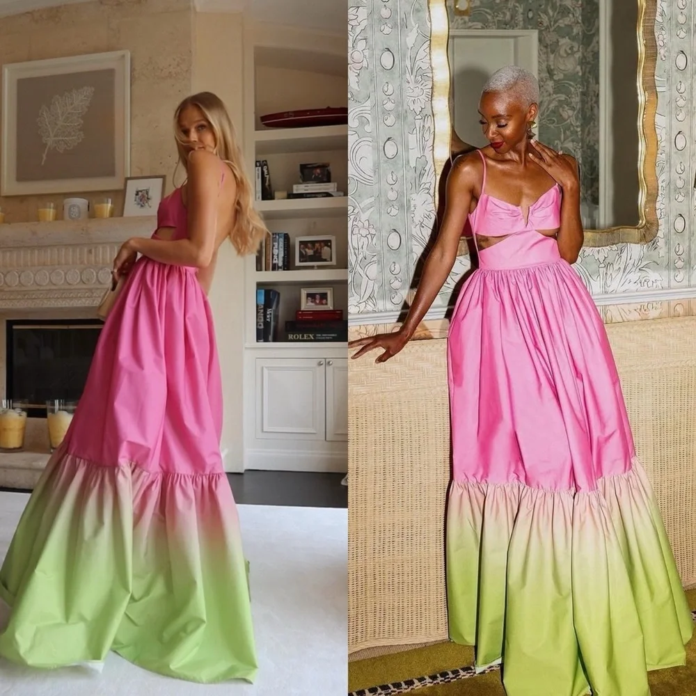 SAU LEE Nova Cutout Maxi Dress Gown in Pink Green Chartreuse Ombre Sz 2 US - Picture 2 of 10